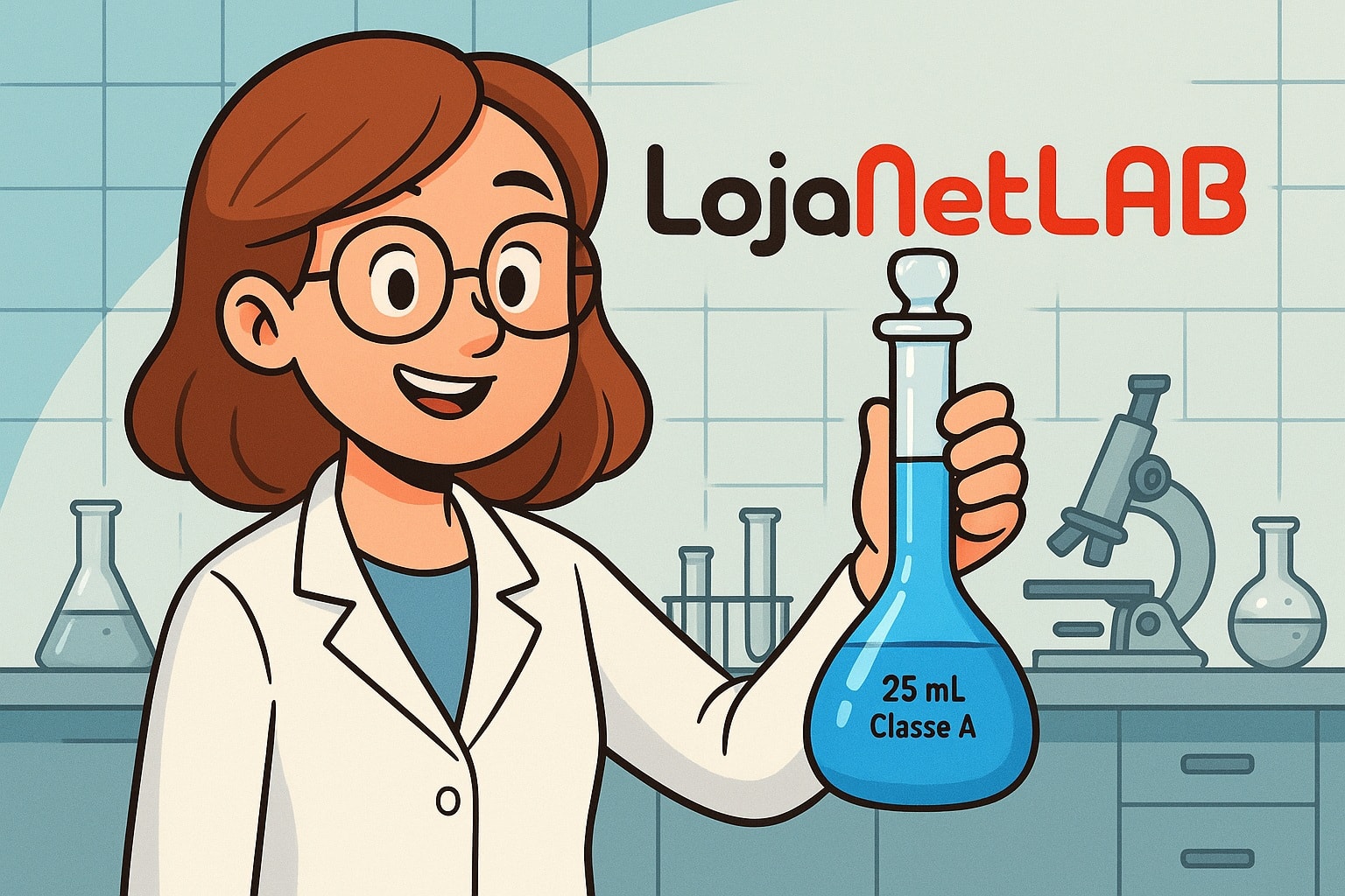 Cientista utilizando o Balão Volumétrico no Laboratório da Loja Netlab