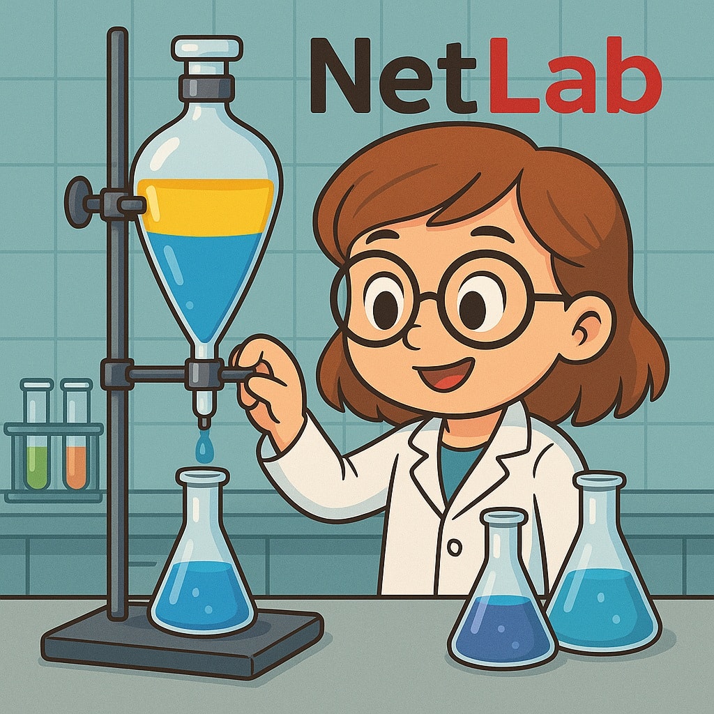 Cientista utilizando o funil de separa&ccedil;&atilde;o no laborat&oacute;rio da Loja Netlab